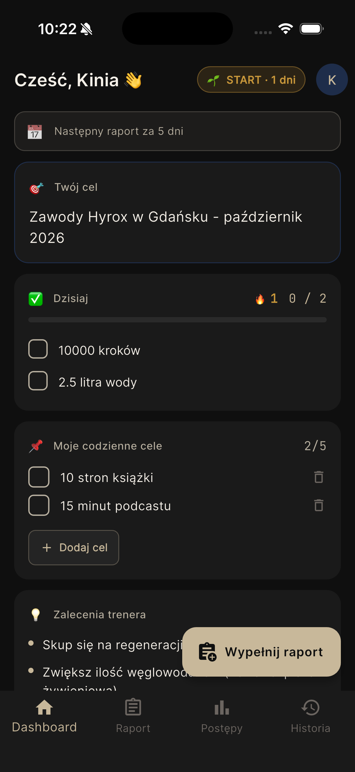Dashboard aplikacji POMIMO